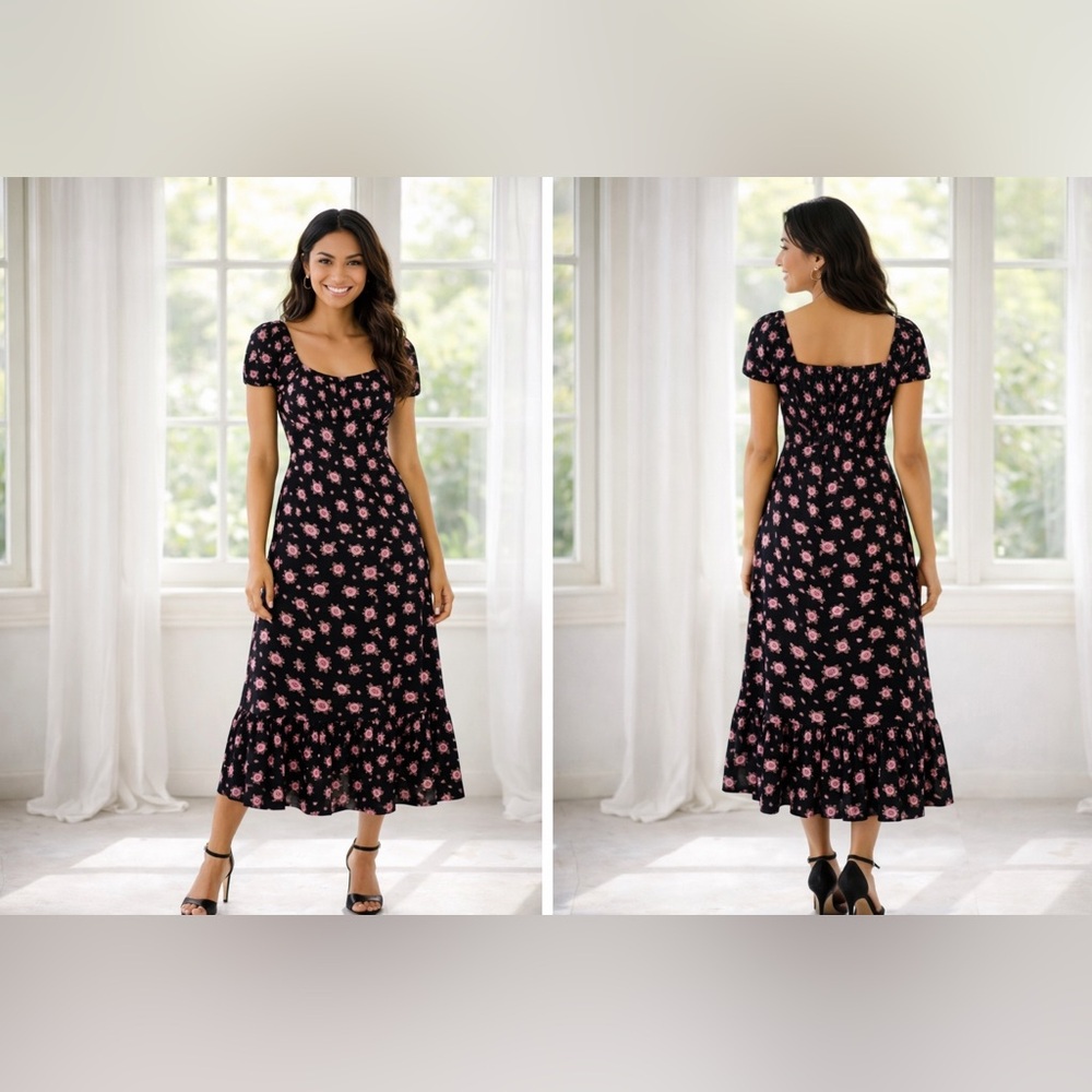 ANGIE Romantic | Cottagecore | Floral Midi Dress Puff Sleeves | NWT | Medium